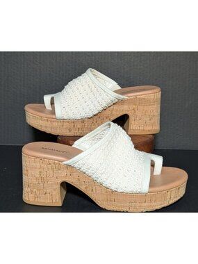 Baretraps Women's Maia Block Heel Size 7.5 Open Toe White Crochet/Fabric Upper